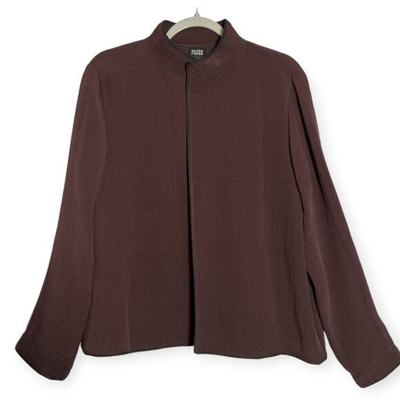 Eileen Fisher Silk Sponge Jacket SIZE S Maroon Brown Magnetic Collar Coat - Picture 1 of 8